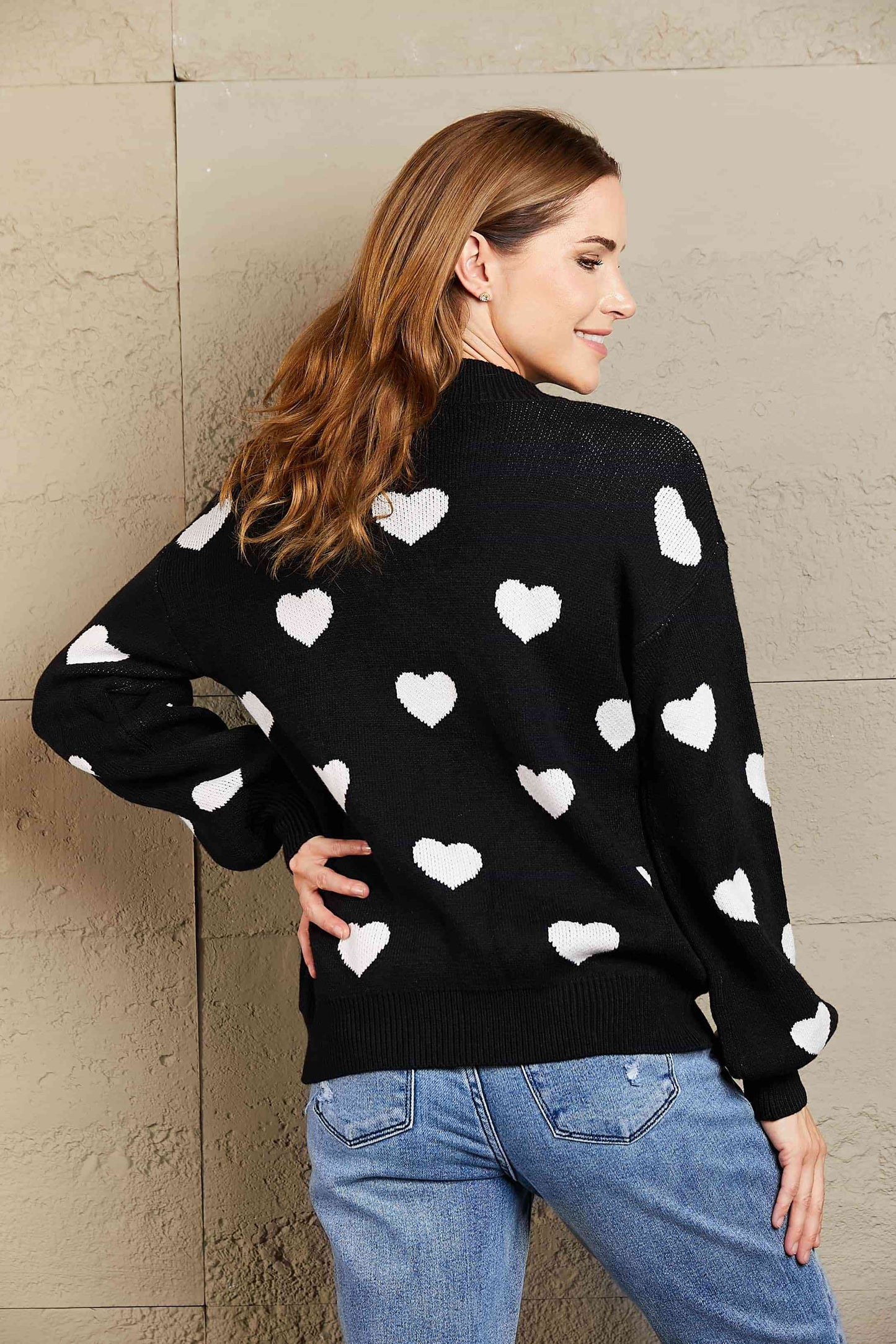 Woven Right Heart Pattern Lantern Sleeve Round Neck Tunic Sweater