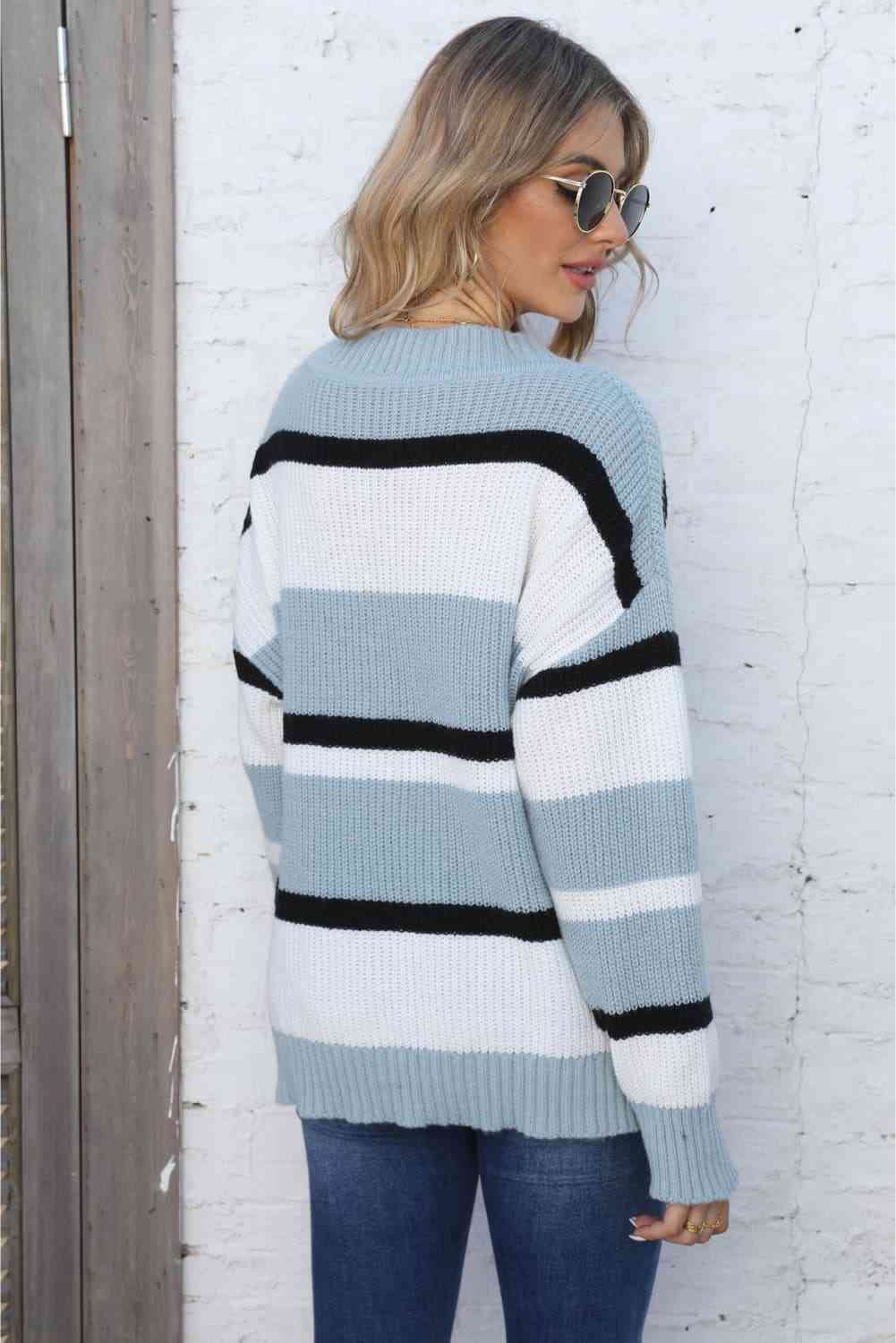 Color Block V-Neck Dropped Shoulder Sweater